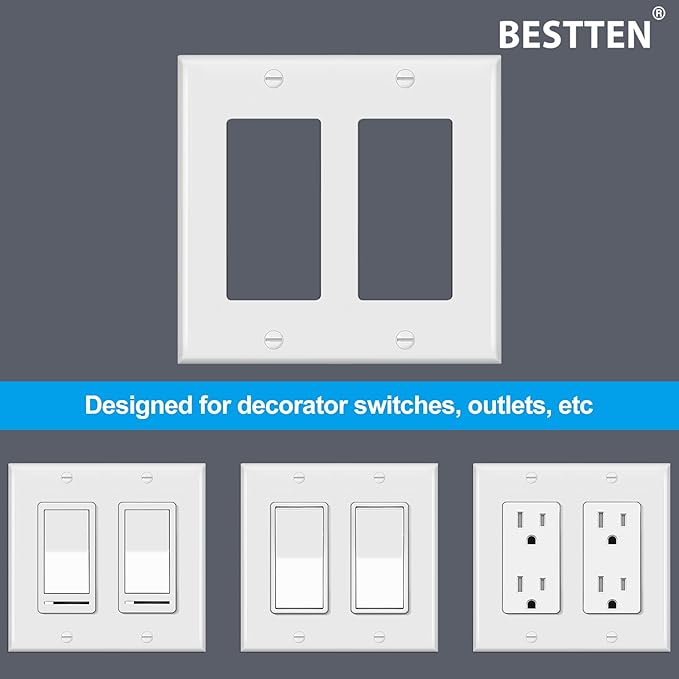 4 Pack BESTTEN 2-Gang Decorator Wall Plate, Standard Size, H4.53” x W4.57”, Unbreakable Polycarbonate Outlet and Switch Cover, UL Listed, White