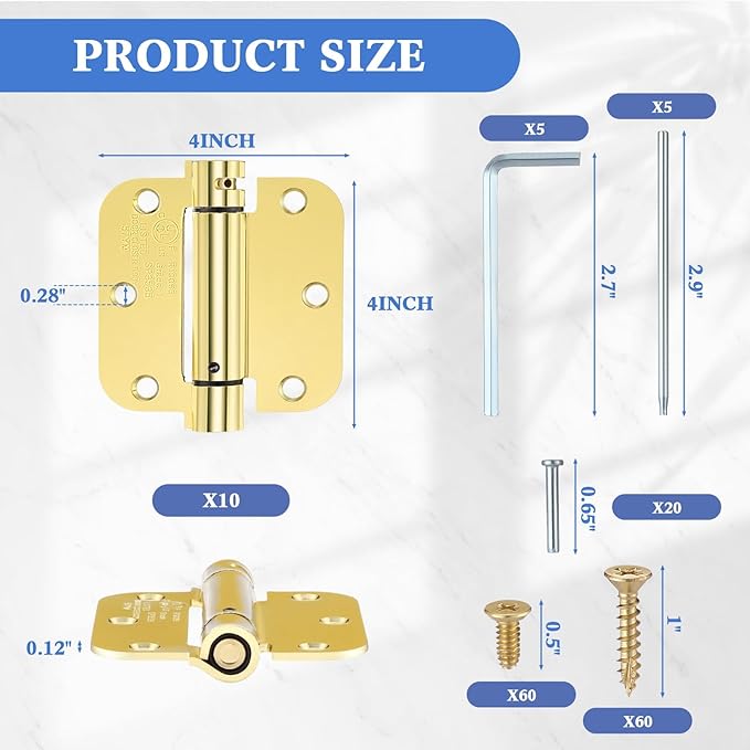 Yaocom 10 Pack Self Closing Door Hinge 3.5 Inch Spring Loaded Hinges with 5/8'' Radius Corners Automatic Door Closer Hinge Adjustable Tension for Garage, Residential(Gold)