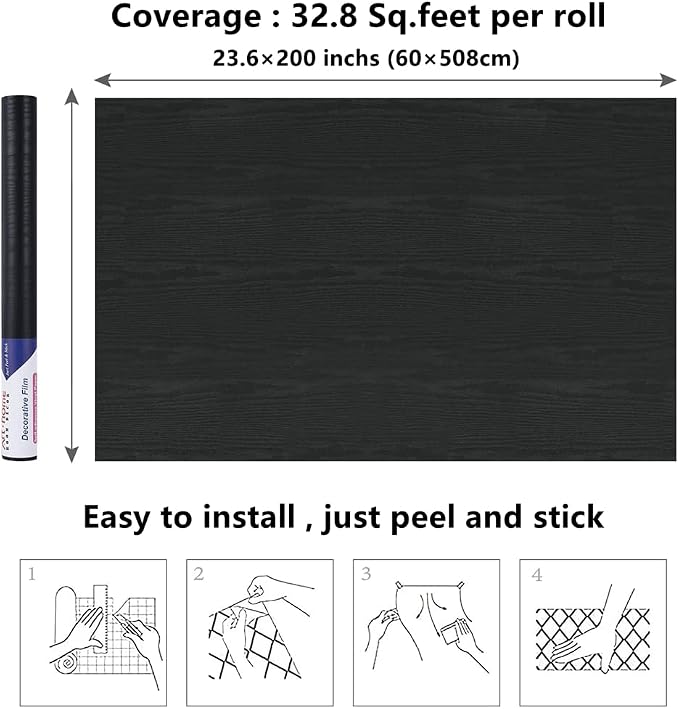 Arthome Peel and Stick Wallpaper - Black Wood Contact - Black Wallpaper - Self-Adhesive & Removable Wall Paper for Countertop Furniture Kitchen, Countertop Contact Paper, Easy to Clean, (23.6"x200")