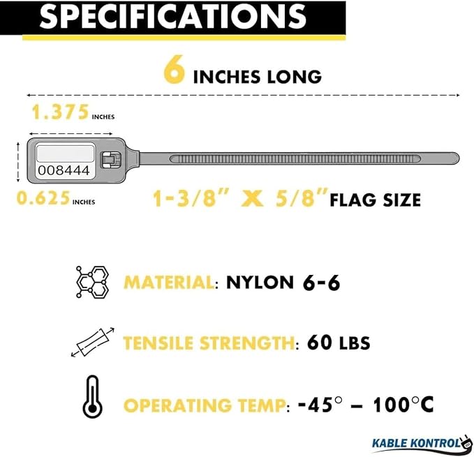 Kable Kontrol Serialized Write-On Flag Zip Ties, 6 Inch 100 Pcs – Yellow | Numbered Cable Ties with Narrow Flag Writable ID Tag Nylon Self-Locking Wire Marker Labels & Tie Straps