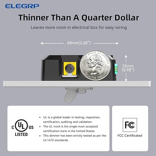 ELEGRP Digital Dimmer Switch for LED/CFL, Toggle Dimmer Switch with Decorative Frameless Design Wallplate, Single Pole/3-Way, UL Listed, 1 Pack, White