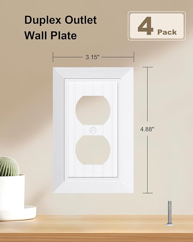 4-Pack Classic Beadboard Duplex Outlet Cover Plate, Decorative Unbreakable Polycarbonate Switch Plates and Outlet Covers, Pure White Wall Plates for Electrical Outlets, 1 Gang Receptacle Cover