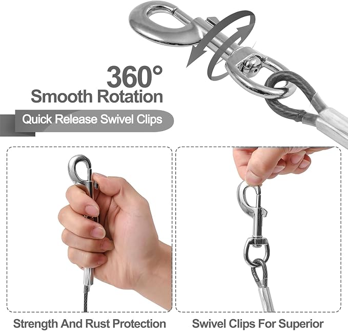 Tie Out Cable for Dogs,10/20/30/50/100FT Dog Leads for Yard Chew Proof,Heavy Duty Tie Out Cable for Large Dogs Up to 125lbs,Dog Runner Tether (Transparent Black, 125Ibs 150ft)