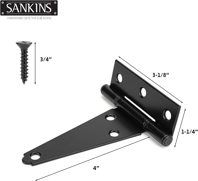 4 Inch T-Strap Shed Door Hinges Heavy Duty, Black Tee Gate Hinges for Wooden Fences, Yard Door, Barn Door Gates, Wrought Hardware Rustproof, 6Pack