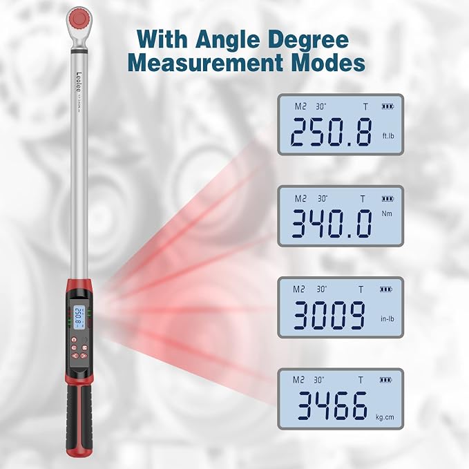 Leolee 1/2-Inch Drive Digital Torque Wrench with Angle, 12.5-250.8 Ft.lb | 17-340Nm, ±2% Accuracy, Heavy-Duty, Preset Value, Data Storage, Buzzer, LED Flash Notification, for Diesel Trucks, RV, Vans
