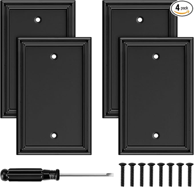 Black Modern Decorative Wall Plate Light Switch Cover Decorator Outlet Covers Rocker Switch Plates Bamboo Fiber Material Wall Plates for Kitchen Bathroom (1 Gang Single Blank-4 Pack)