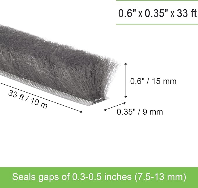 Self-Adhesive Weather Stripping Seal for Doors & Windows – Soundproof Insulation Gap Filler for Sliding, Exterior, Front, and Jamb Frames – 0.6" x 0.35" x 33 ft, Gray