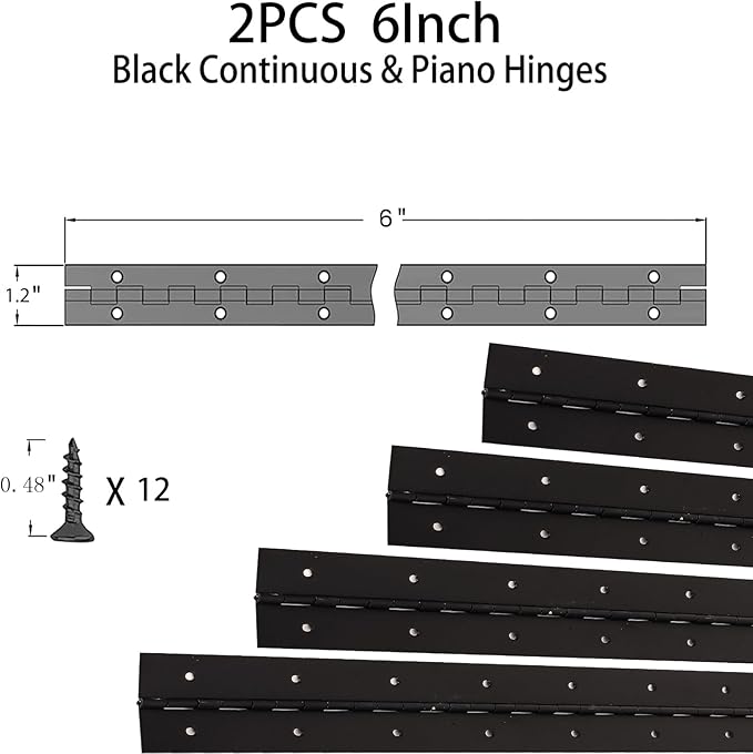2Pcs 6inch Black Heavy Duty Continuous&Piano Hinges,1.2" Open Width Stainless Steel Piano Hinge with Holes and Screws,Working for Wood Box,Wood Furniture,Piano Cabinets