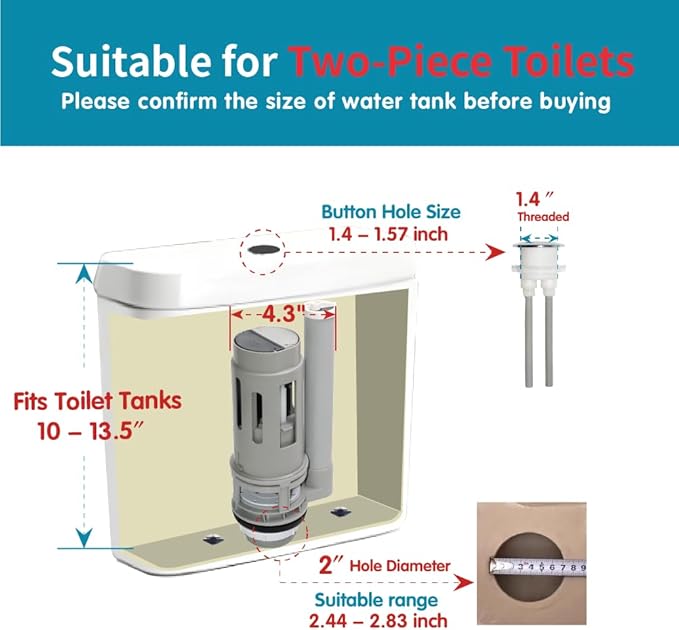 2-Inch Dual Flush Valve Repair Kit for 2-Piece Toilet, Fit for Kohler, American Standard and More. Includes 8.2" Height Flush Valve, 1.4" Threaded Button, Fill Valve, Gasket, Bolts