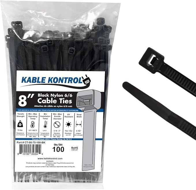 Kable Kontrol Cable Zip Ties, 8 Inch, 100 Pcs, 75lbs Test, Black | Nylon Plastic, UV-Resistant, Self Locking, UL Listed, Indoor & Outdoor Use
