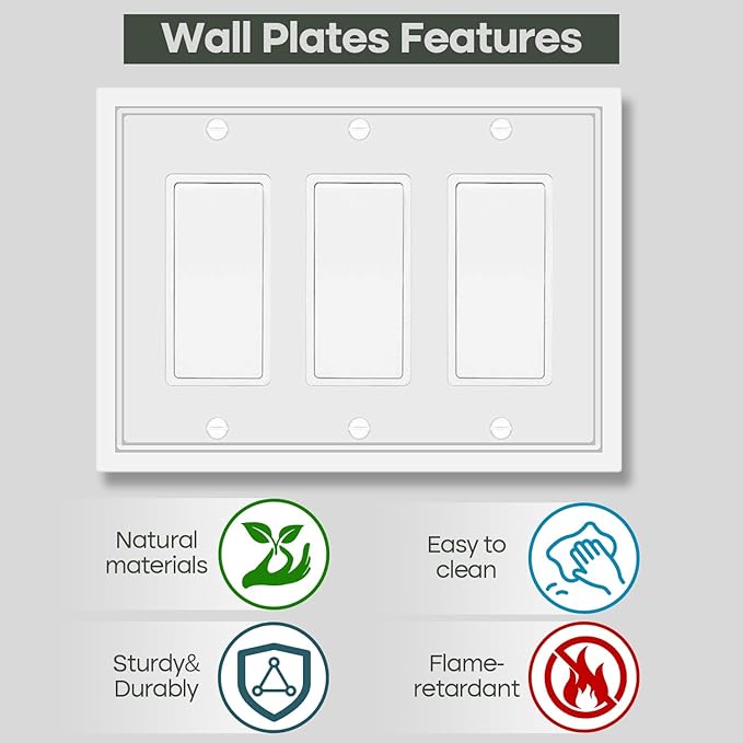 Triple Decorator Light Switch Cover Plate White Classic Decorative Rocker Switch Plates Cover 3-Gang Wall Plate Cover for Decorator, Duplex