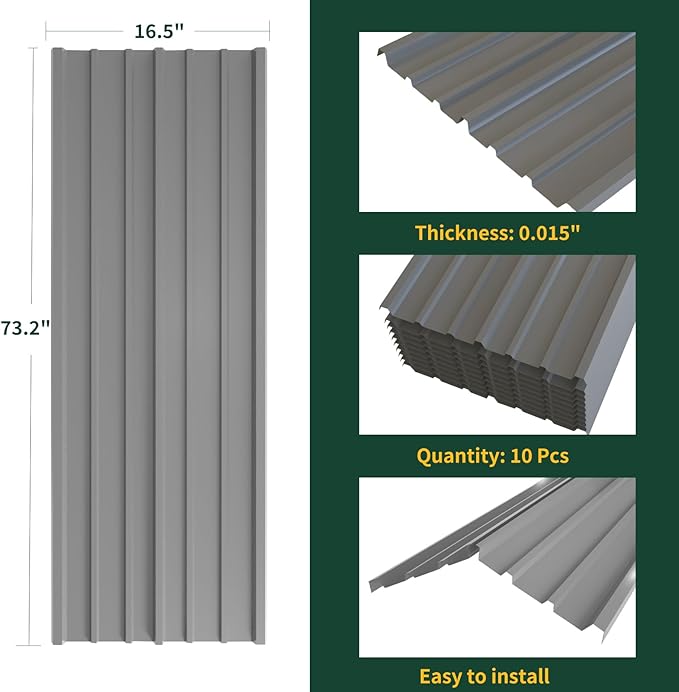 NeatiEase 10 Pcs Metal Roofing Panels, 6.1 Feet Corrugated Galvanized Roofing Panels Metal Siding Panels with Steel Screws for Pergola, Gazebo, Shed, Outdoor Storage, Chicken Coop, Patio,Garages