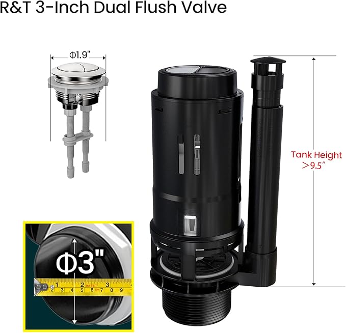 R&T 3-Inch Dual Flush Valve with Top Push Button Toilet Repair Kit Inside Tank dual flush valve replacement kit for 2-piece Toilet, Quick Fix Toilet Leaking, Running Water and Ghost Flush A2422M
