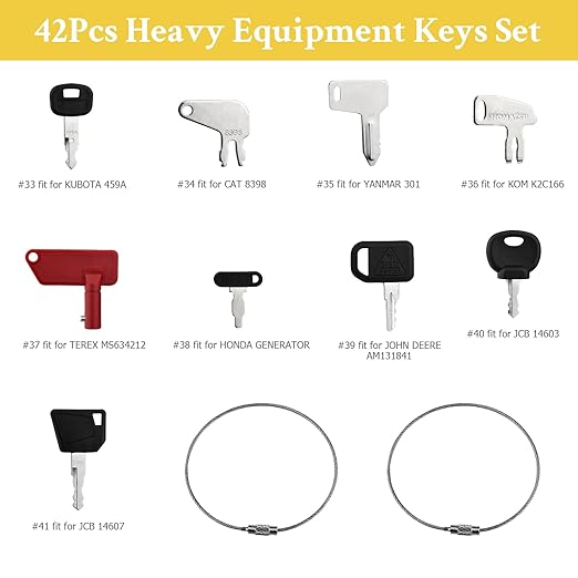 42 Heavy Equipment Keys Master Set, Machine Ignition Key for Cat Caterpillar John Deere Komatsu Volvo Bobcat Kubota JCB Case Hyster Yanmar Daewoo Takeuchi New Holland Construction Equipment