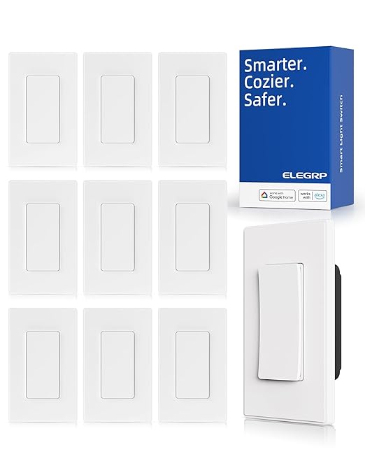 ELEGRP Smart Light Switch, 2.4GHz Wi-Fi Light Switch Compatible with Alexa & Google Assistant, Neutral Wire Required, APP Control and Timer Schedule, UL Certified,Single Pole, White, 10 Pack