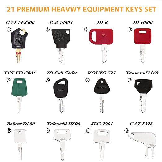 21-Piece Heavy Equipment Key Set Compatible with CAT, John Deere, Komatsu, Kubota, JCB, Bobcat & 10+ Brands - Universal Durable Ignition Keys