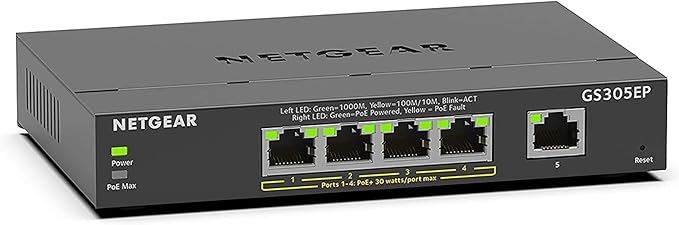 NETGEAR 5 Port PoE Gigabit Ethernet Easy Smart Managed Essentials Switch (GS305EP) - with 4 x PoE+ @ 63W, Desktop or Wall Mount