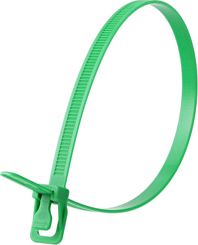 RETYZ 14-Inch Green Reusable Releasable Cable Ties – 100 Pack, 120 lb Strength, Patented Quick-Release, Heavy-Duty Design for Industrial and Commercial Use