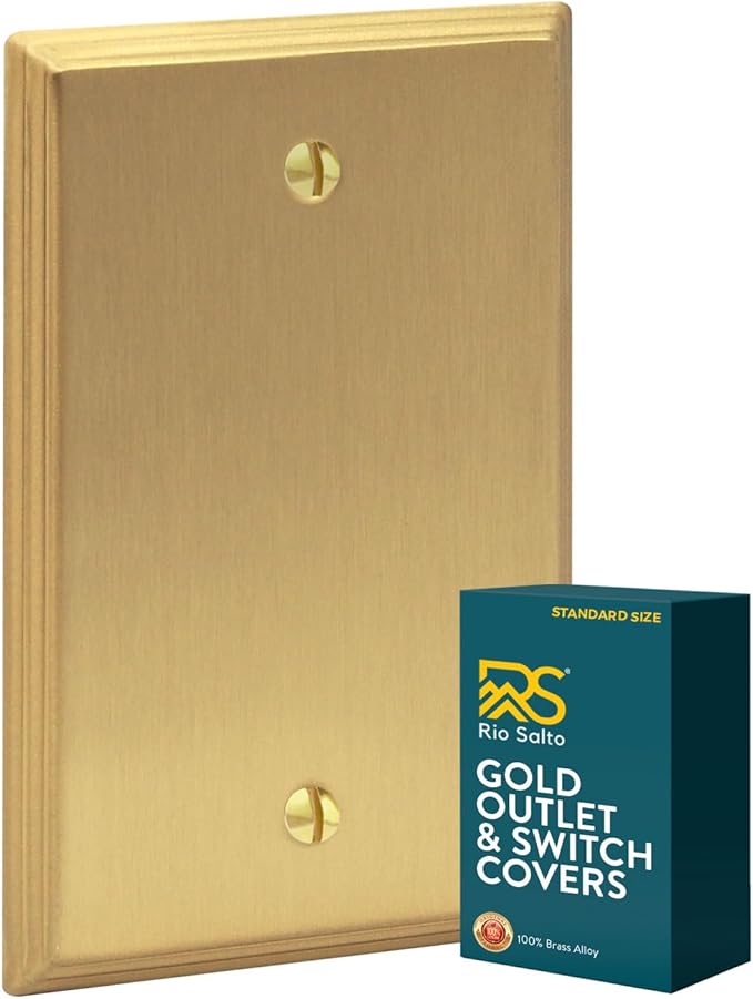 Rio Salto BRASS Deco Collection Brushed Brass Blank Wall Plates Single Gang Light Switch Plate Cover for Unused Outlets 4.5" X 2.75" Decorative Luxury Premium Wall Plate - Standard Size