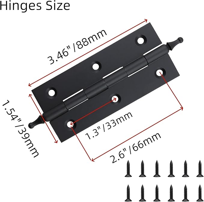 Mcredy Cabinet Hinges 3.5 Inch Matte Black Brass Door Hinges with Ball Finials Retro Style Gate Butt Hinge for Doors Office Hotel Bedroom, 2 Pcs