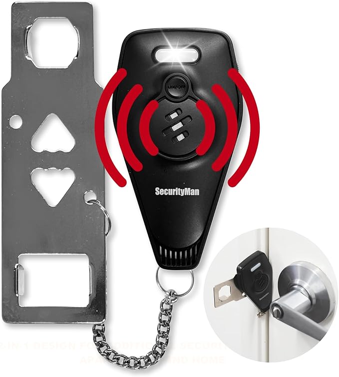 Securityman Portable Door Lock with Alarm | Hotel Door Locks for Travelers Security | Loud 130dB Door Security Device for Hotel Room, Apartment Home, & Travel Safety Inside for Women Children - Black