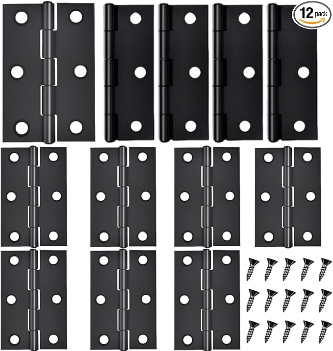 12 PCS 2.5 inches Black Door Hinge Cabinet Door Hinges Stainless Steel Butt Hinges Home Furniture Hinges Bisagras for Door, Window, Case Lid, Wooden Box Chest with 72 Mounting Screws, Black