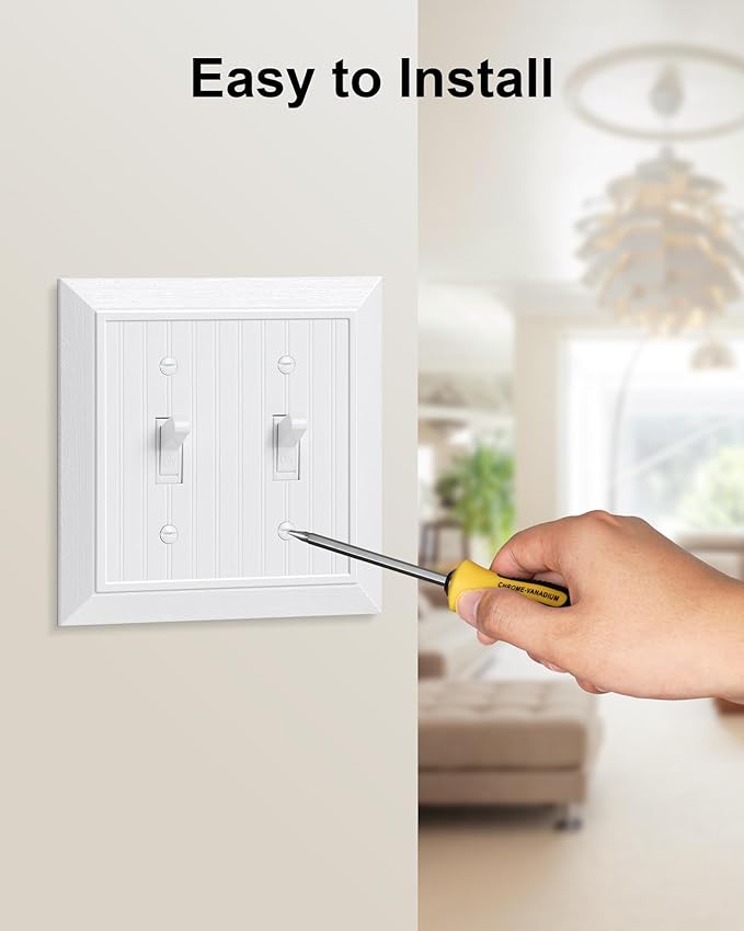 2-Pack Classic Beadboard Double Toggle Light Switch Cover Plate, Unbreakable Polycarbonate Decorative Switch Plate Covers, Pure White 2 Gang Wall Plate