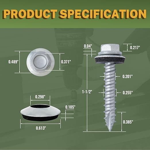 LIONMAX Metal Roofing Screws #14 x 1-1/2 Inch, 300-PCS, Rusproof Coating Hex Head Sheet Metal Roof Screws, Rubber Washer, Sharp Point, Metal to Wood Siding Screws, Hex Socket Included