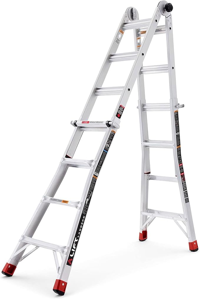 Lift Ladders Aluminum Step Ladder, 5-in-1 Multi-Position Frame, 18 Ft Reach, Silver - Extendable Indoor and Outdoor Equipment for Home, Kitchen, Office, and Garage - Portable and Lightweight