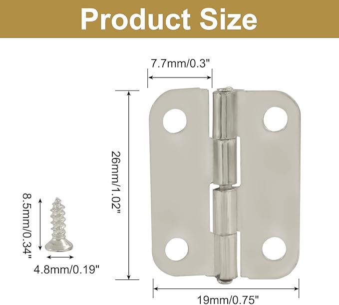 Murtenze 24Pcs Butt Hinge, 1" x 3/4" Metal Foldable Door Hinges with Screws for Cabinet Door Closet, Jewelry, Wooden Box (Silver)