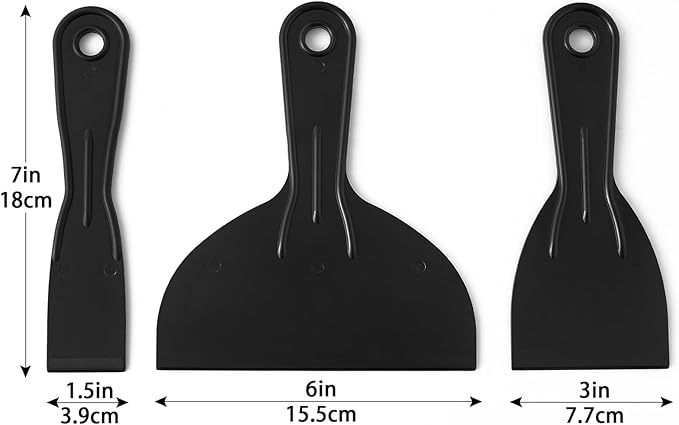 Plastic Putty Knife Set - 3Pcs Black Plastic Scraper Tool, 1.5"/3"/6" Sizes Spackle Knife for Spackling, Painting, Drywall, Arts and Crafts, Tile Jobs, Tamale Making