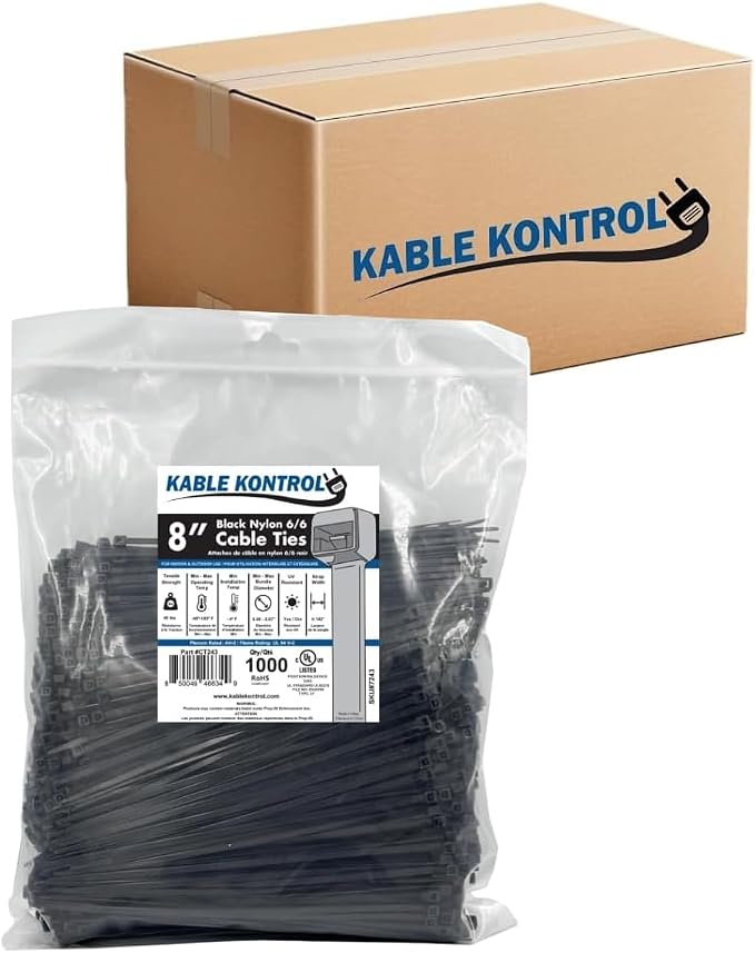 Kable Kontrol Cable Zip Ties, 8 Inch, 17000 Pcs, 40lbs Test, Black | Nylon Plastic, UV-Resistant, Self Locking, UL Listed, Indoor & Outdoor Use