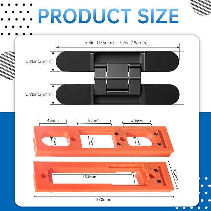 Concealed Door Hinge Installation Kit with Guide Template Jig, 5.3-7.8 Inch Door Hinge Positioning Tool, Lightweight Router Template for Woodworking, 0.98" Width