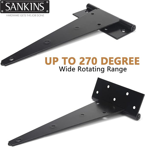 12 Inch T-Strap Shed Door Hinges Heavy Duty, Black Tee Hinge for Wooden Fences, Yard Door, Barn Door Gates, Wrought Hardware Rustproof, 6 PCS