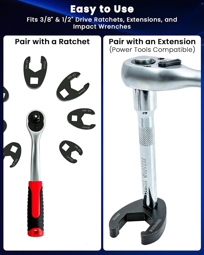 SIXIWANZI Metric Crowfoot Wrench Set, 22pc Flare Nut 8-32mm 3/8" 1/2" Drive | 8-32mm CR-MO steel, black phosphate no slip grip, ratchet torque ready, tight space steering brake line auto repair