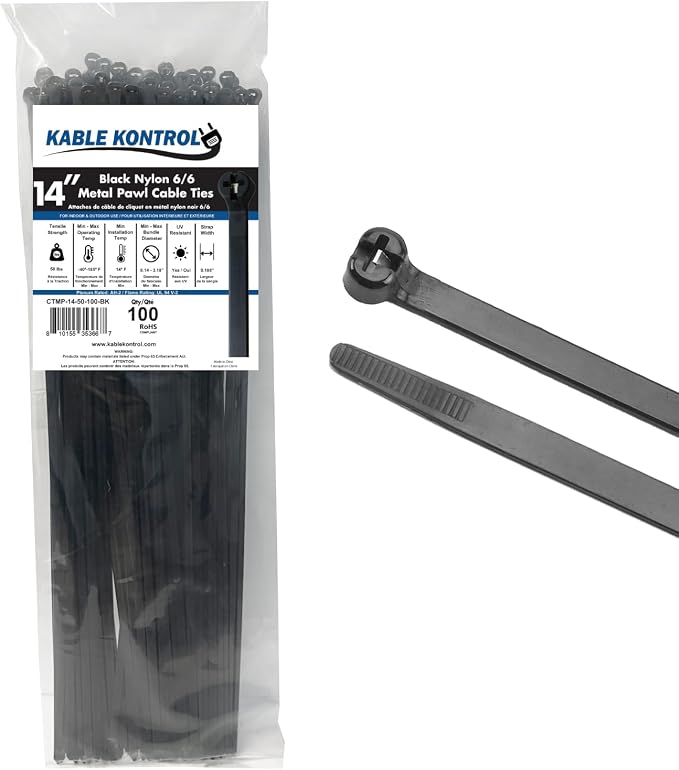 Kable Kontrol Metal Pawl Cable Ties, 14 Inch 100 Pcs, 50 Lbs Test – Black | Metal Tooth, Stainless Steel Toothed Self-Locking Ties, UV Resistant Steel Barb Zip Ties for Indoor & Outdoor Use