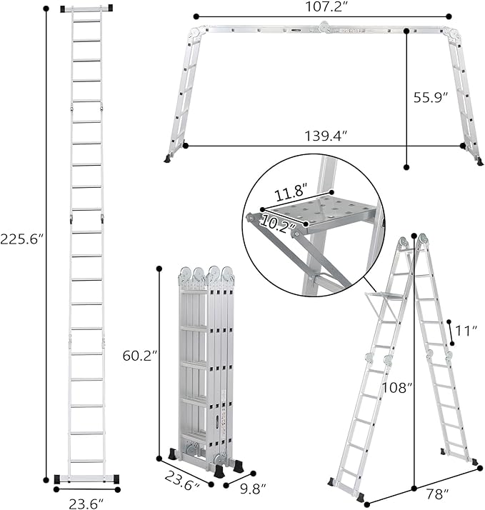 18.5 FT Folding Ladder, LUISLADDERS Multi-Purpose Ladder, Aluminium Extension Ladders 7 in 1 Heavy Duty Combination EN 131 Standard