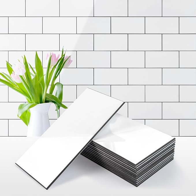 Vamos Tile Peel and Stick Backsplash Tile, 3''x6'' PVC Subway Tile, Stick on Backsplash for Kitchen/Bathroom/Fireplace,4-Piece Glossy Pure White with Dark Gray Grout