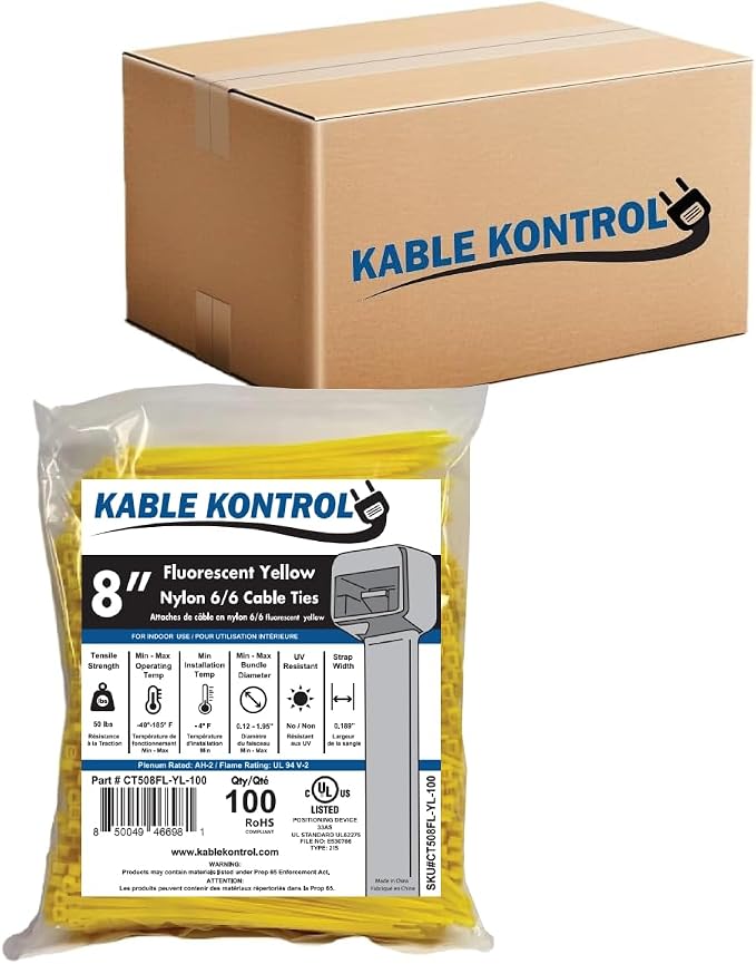 Kable Kontrol Cable Zip Ties, 8 Inch, 10000 Pcs, 50lbs Test, FL Yellow | Nylon Plastic, Self Locking, UL Listed, Indoor Use