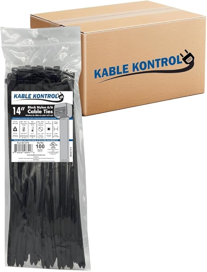 Kable Kontrol Cable Zip Ties, 14 Inch, 3500 Pcs, HD 120lbs Test, Black | Nylon Plastic, UV-Resistant, Self Locking, UL Listed, Indoor & Outdoor Use