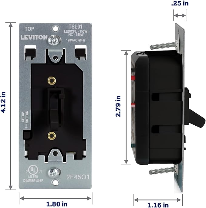 Leviton Toggle Slide LED Advanced Dimmer Switch for 150W Dimmable LED, Halogen and Incandescent Bulbs and Fixtures, TSL01-10E, Black
