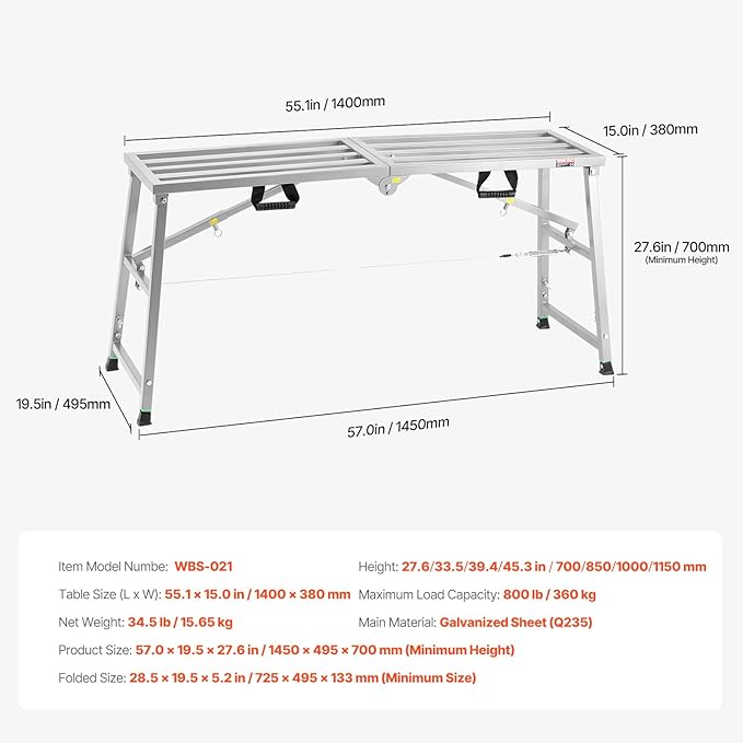 VEVOR Work Platform, 55"x 15" Portable Scaffolding Platform, Folding Steel Step Ladder Adjustable Height 27.5”-45.3”, 800 lbs Load Capacity, Non-Slip Drywall Painting Stool for Cleaning &Washing