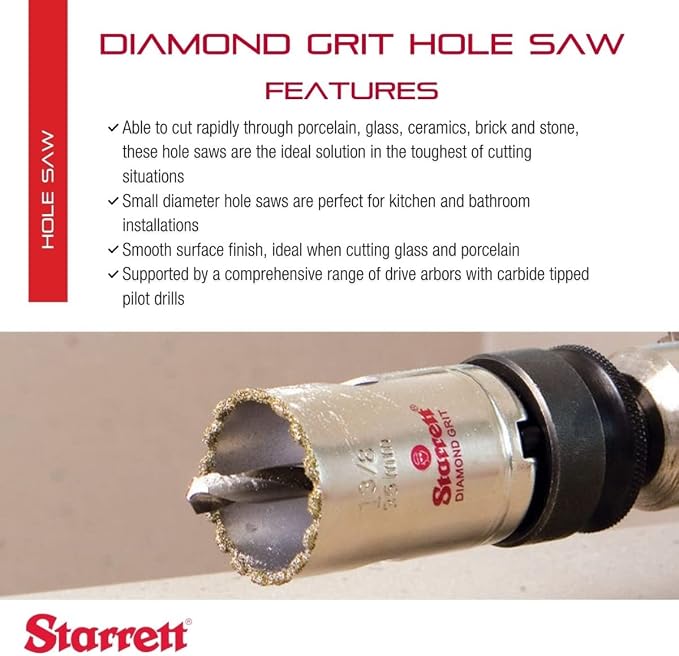 Starrett Diamond Grit Hole Saw, 1-1/8" Dia, 1-5/8" Cutting Depth | Ideal For Drilling Small Diameter Holes, 1/2-20 Thread Size, XA1 Arbor, Silver Finish, KD0118-N