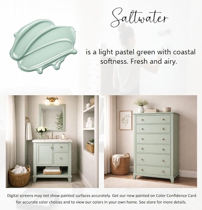 ALL-IN-ONE Paint by Heirloom Traditions, Saltwater (Pastel Green), Quart - Durable cabinet and furniture paint. Built in primer and top coat, no sanding needed. Includes our 30 featured color card.