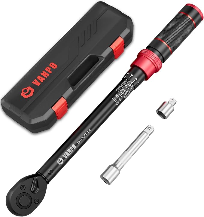 VANPO 1/2 Inch Drive Torque Wrench for Lug Nuts & Automotive, 10-170 Ft-Lb | Click Type, ±3% Accuracy,72-Tooth Dual-direction Ratchet, Dual Scale, for Tire, Car & Motorcycle Repair