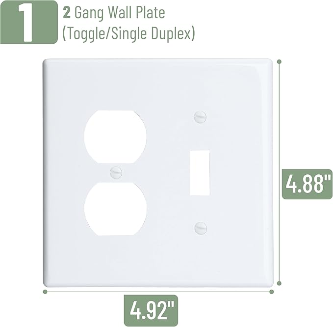 Bates- 2-Gang Combination Wall Plate, 4.88"x 4.92"/Mid-Size, White, Toggle Light Switch/Duplex Receptacle Outlet, 2 Gang Wall Plate for Electrical Outlets, Double Outlet Cover Plate