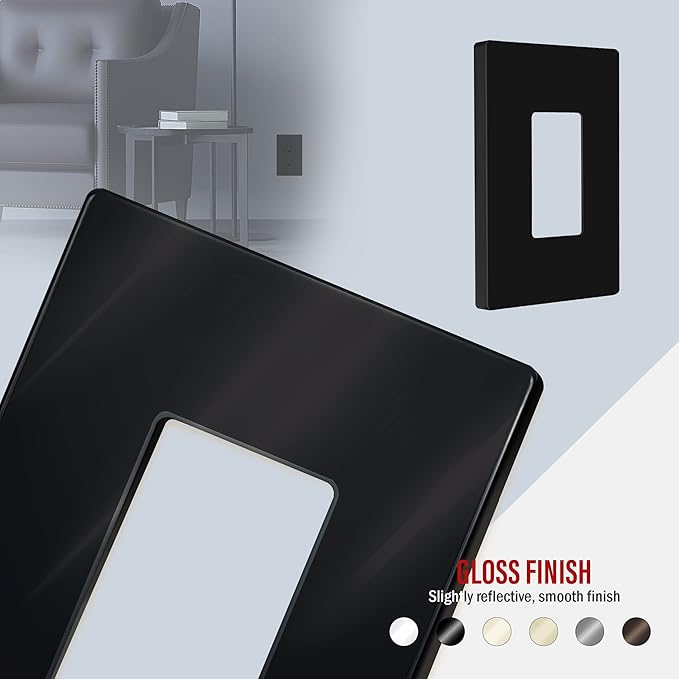 ENERLITES Screwless Decorator Wall Plate Child Safe Outlet Cover, Glossy, Size 1-Gang 4.68" H x 2.93" L, Unbreakable Polycarbonate Thermoplastic, SI8831-BK-10PCS, Black (10 Pack)