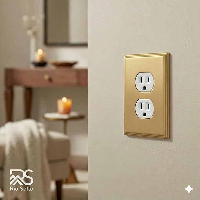 Rio Salto BRASS Outlet Covers Duplex Receptacle Wall Plate Electrical Outlet Cover Brushed Gold Metal Outlet Covers Decorative Wall Plate — Deco Collection 4.50" X 2.75"