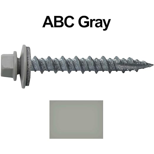 Metal Roofing Screws: (2000) 10 x 1-1/2" ABC Gray Hex Head Sheet Metal Roof Screw. Self Starting Metal to Wood siding Screws. EPDM Washer. Colored Head