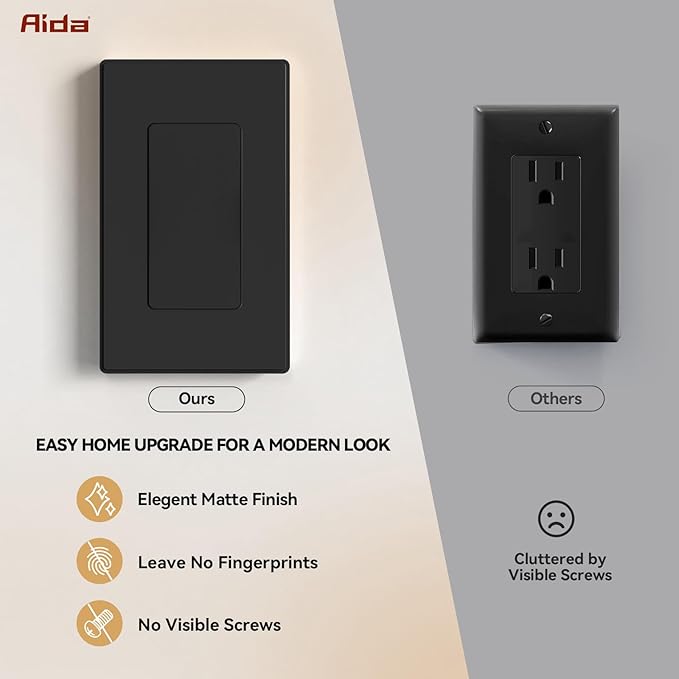 AIDA 1-Gang Screwless Light Switch Cover Plate, Standard Decorative Outlet Covers - Matte Black, 4-Pack Unbreakable Polycarbonate Wall Plates for Decorator Device, UL Listed, 4.5" H x 2.75" L
